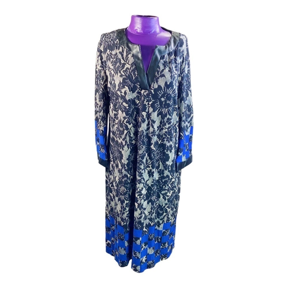 SOHO Apparel black lace print blue checked faux leather neckline midi dress L